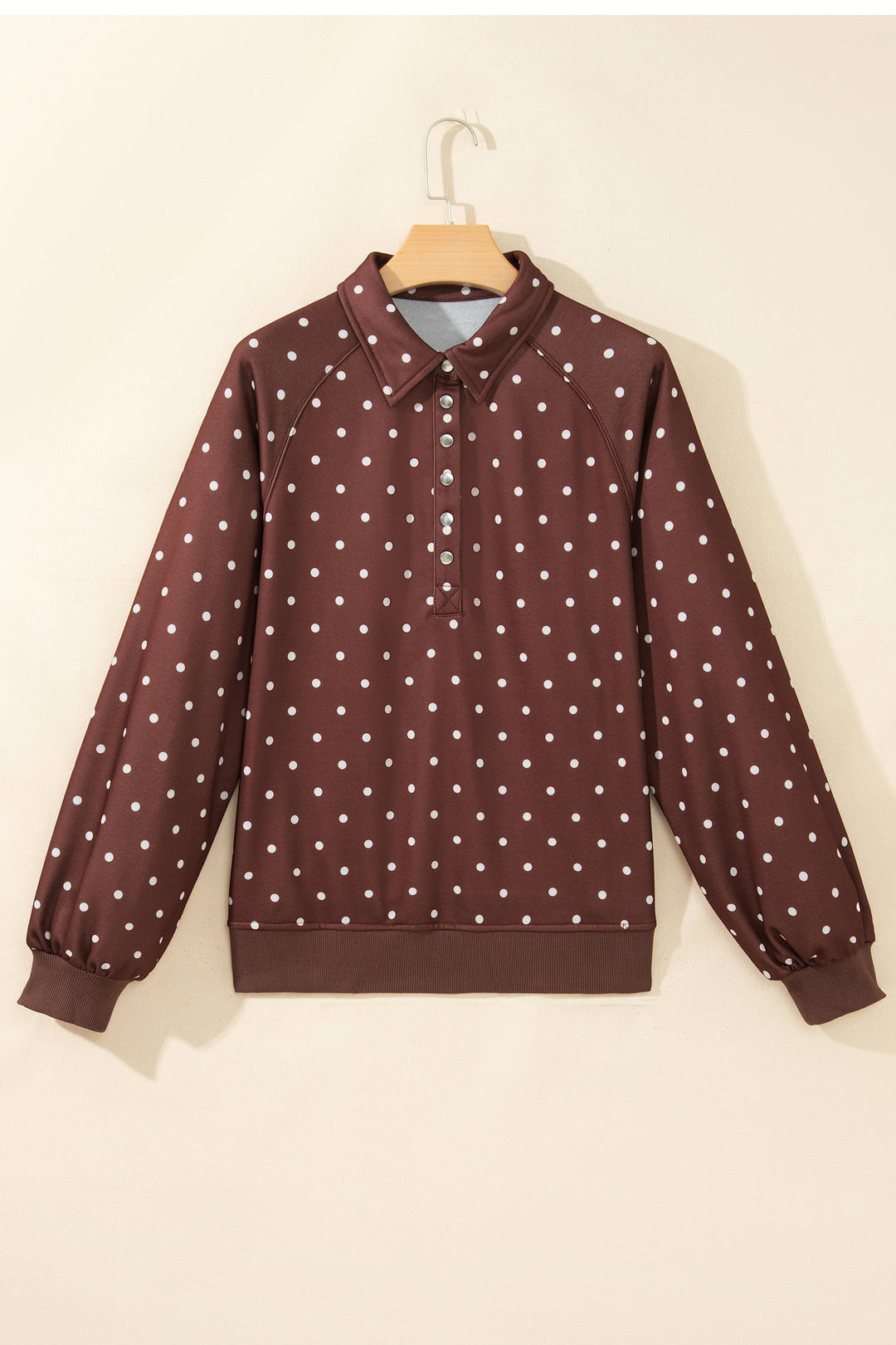 Polka Dot Print Metal Button Collar Casual Pullover Sweatshirt