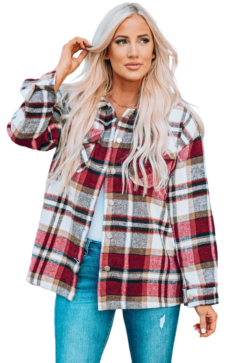 Geometric Plaid Print Pocketed Shacket -