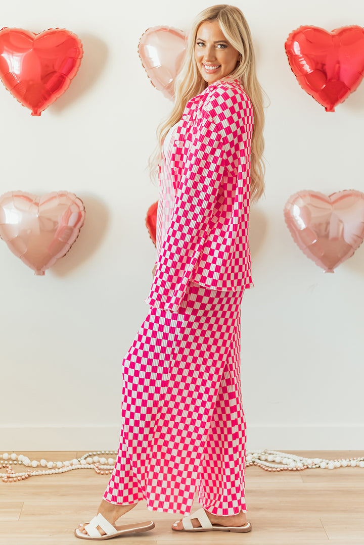 Pink Checkered Buttoned Shirt and High Waist Pants Pajama Set