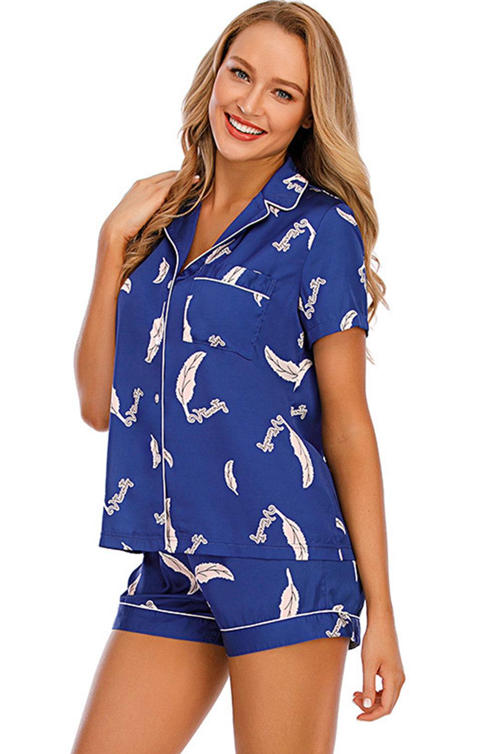 Printed Button Up Short Sleeve Top and Shorts Lounge Set -