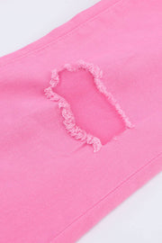 Pink Vintage High Waist Flare Leg Ripped Raw Hem Jeans -