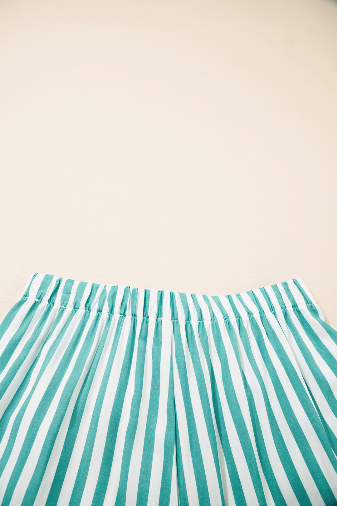 Green Stripe Contrast Ricrac Trim Long Sleeve Shirt Drawstring Ruffled Pajama Short Set
