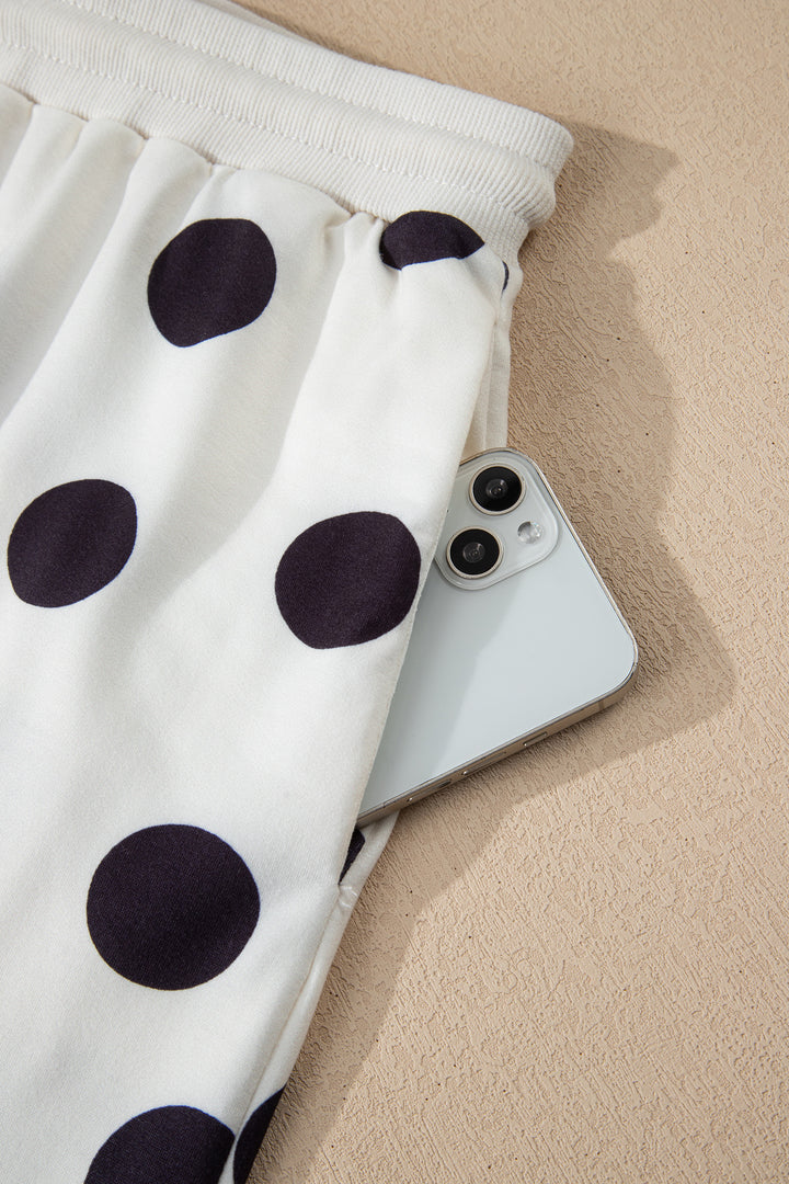 Polka Dot Print Drop Shoulder Pullover Drawstring Shorts Set