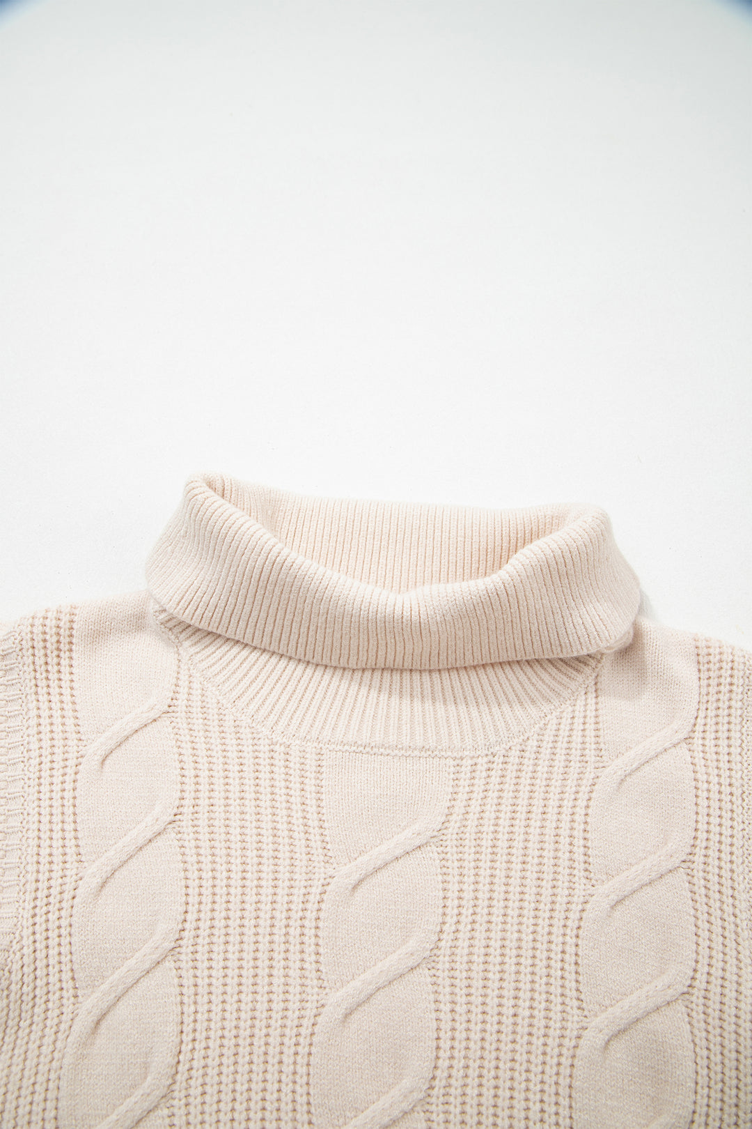 Cable Knit Turtleneck Ruffled Short Sleeve Sweater