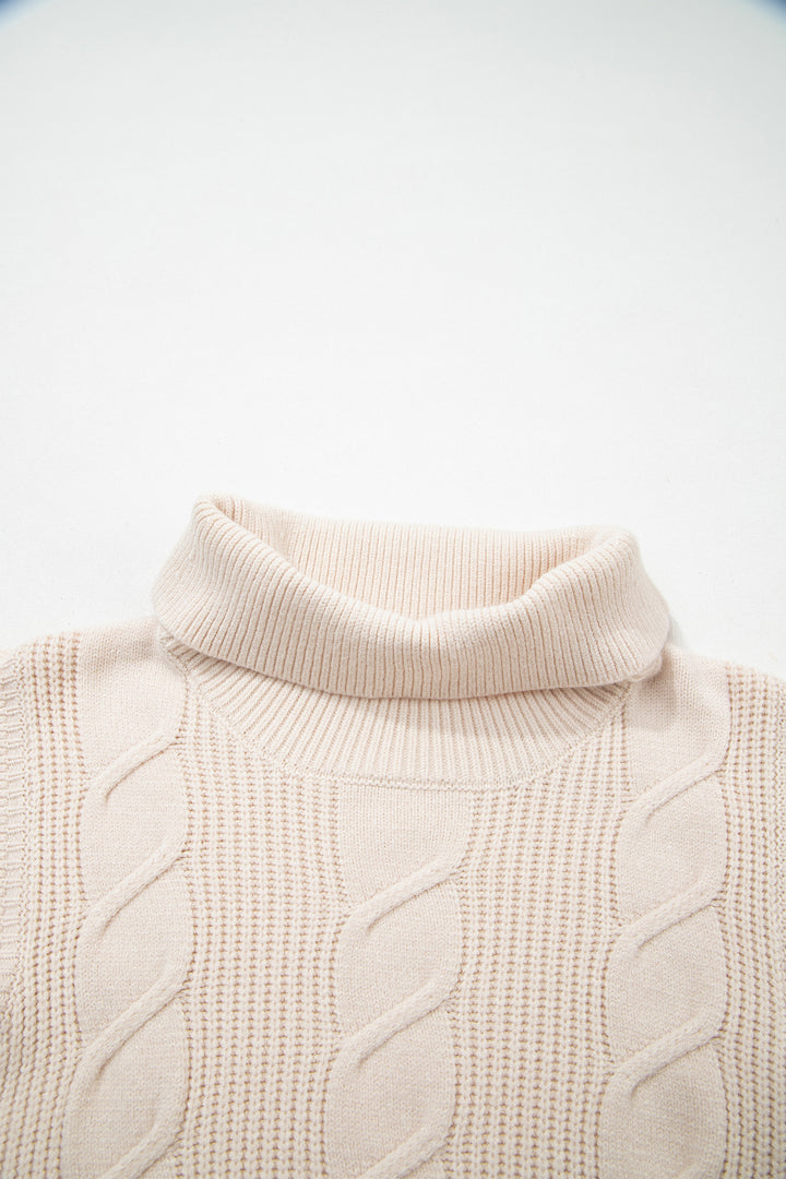 Cable Knit Turtleneck Ruffled Short Sleeve Sweater
