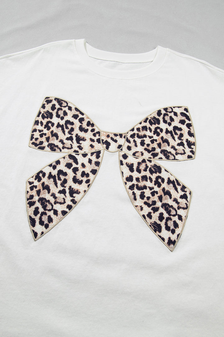 White Plus Size Leopard Bow Embroidered Patch Casual T Shirt