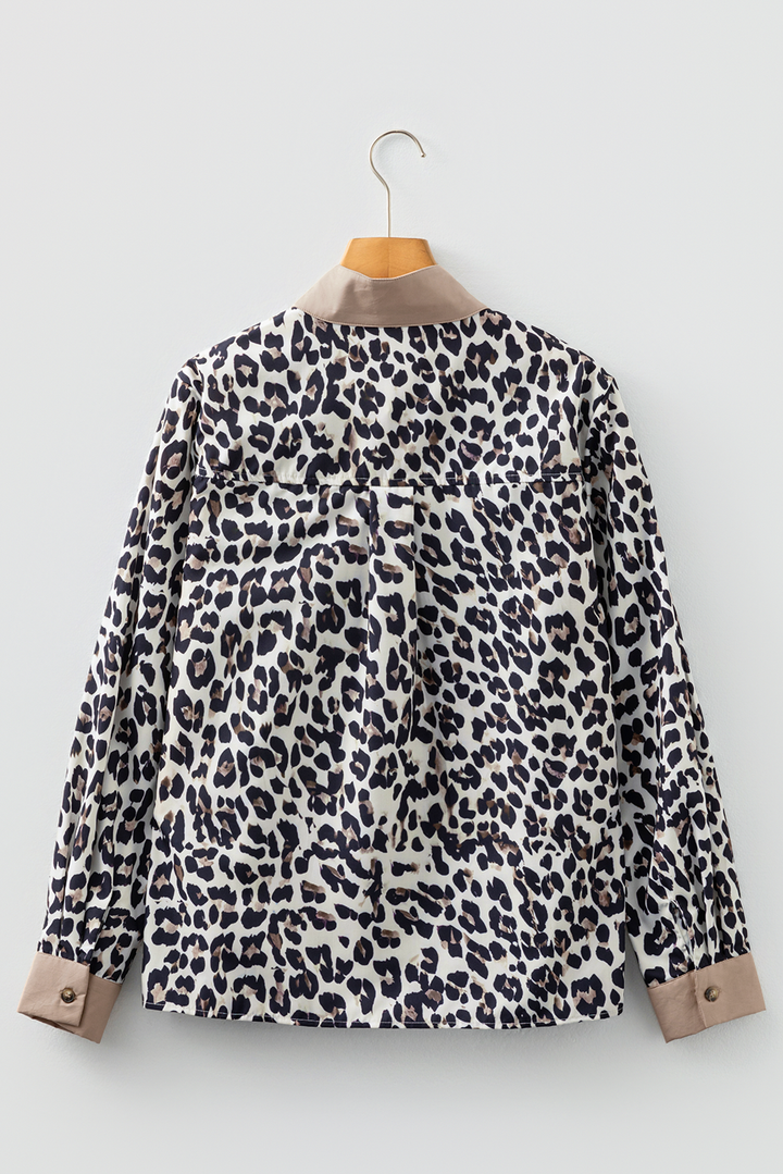 Multicolour Leopard Print Contrast Patchwork Cuffs Button Collared Top