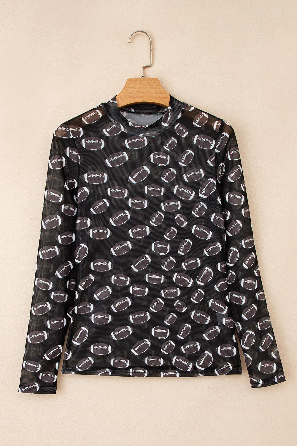 Black Game Day football Mesh Sheer Long Sleeve Top