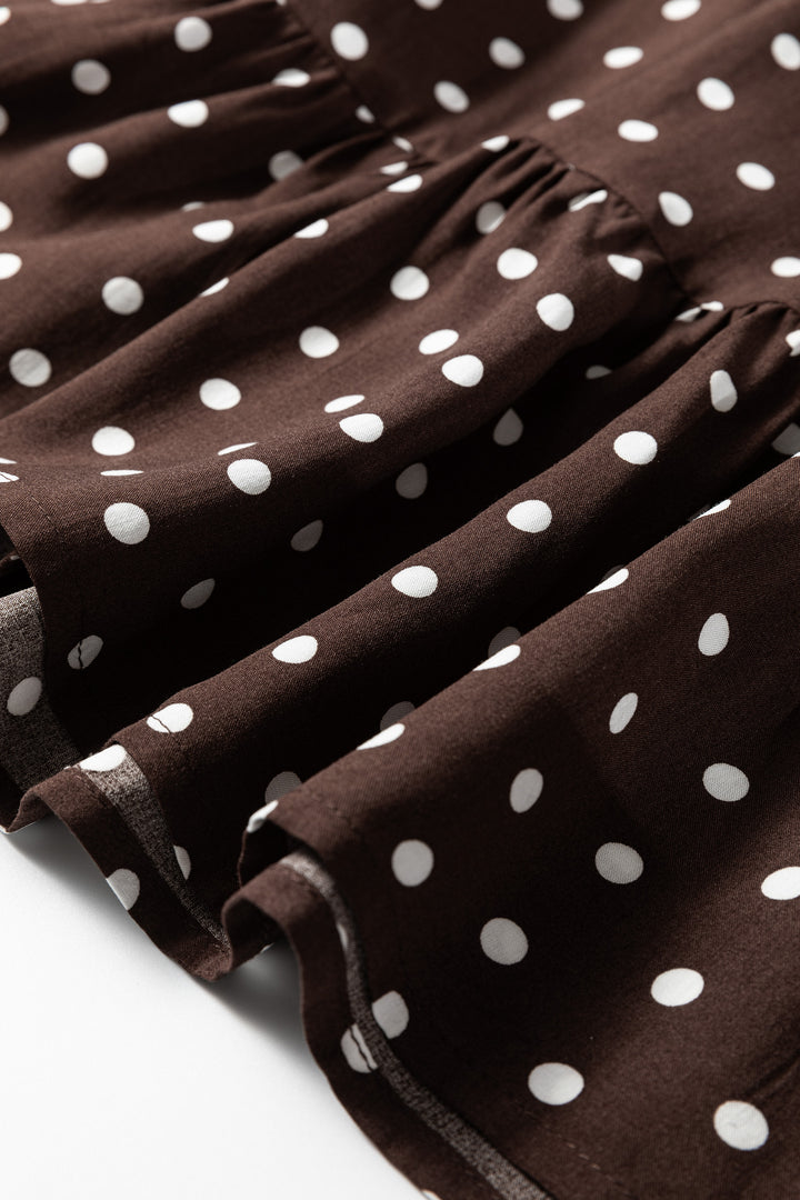 Chicory Coffee Polka Dot Long Sleeve Wrap V Neck Ruffle Hem Mini Dress