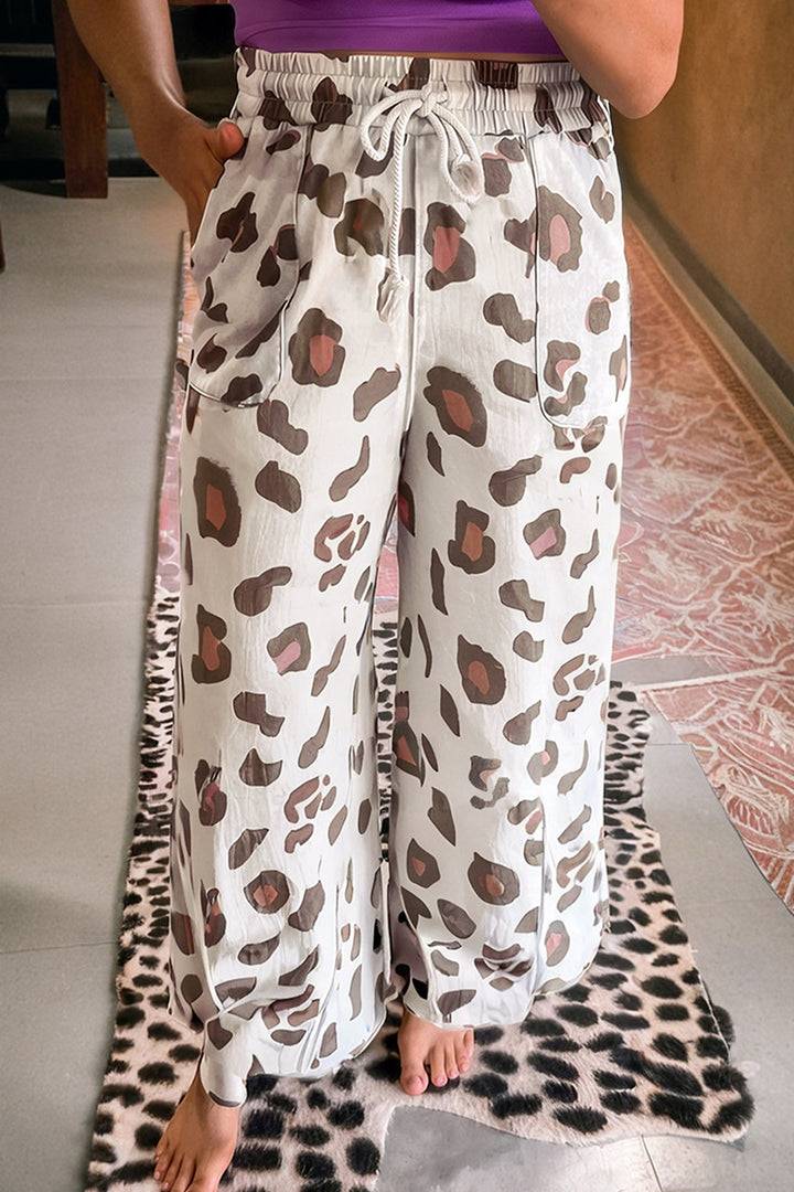 Drawstring Leopard Print Patch Pocket Loose Pants