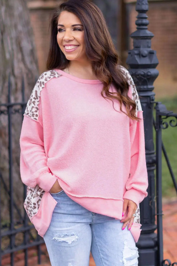 Pink Exposed Seam Leopard Splicing Plus Size Sweatshirt -