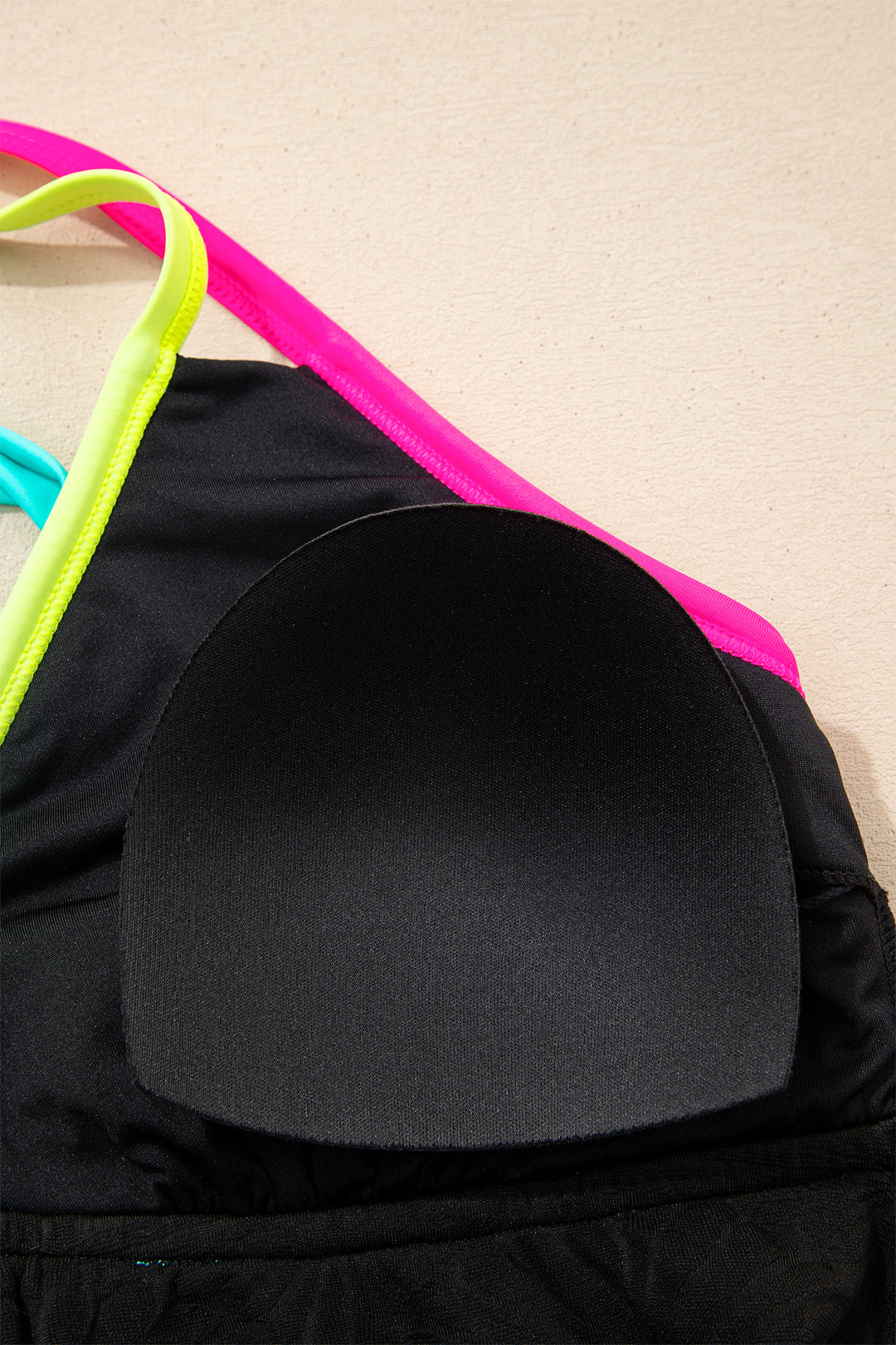 Black Floral Textured Neon Trim V Neck Crisscross Backless Tankini Set