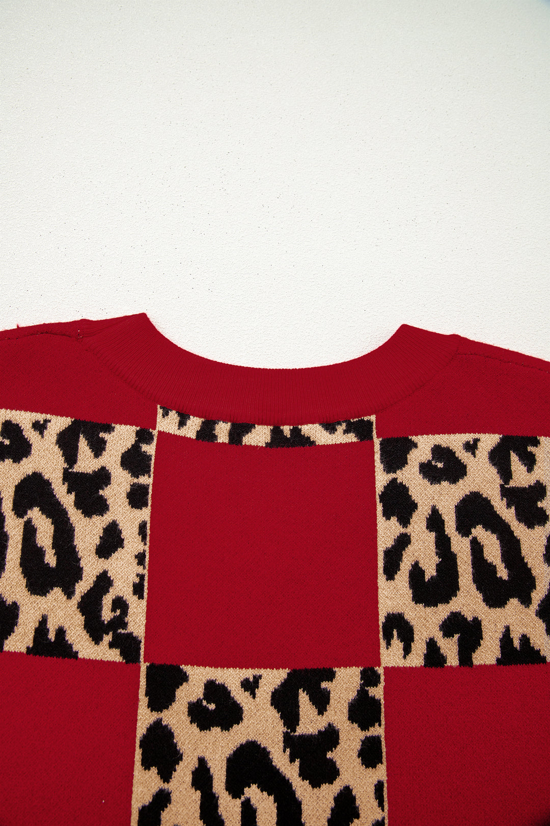 Plus Size Leopard Contrasted Checkered Short Sleeve Sweater
