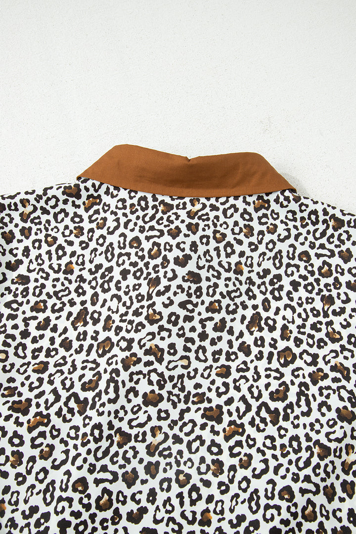 Khaki Plus Size Button V Neck Leopard Print Puff Sleeve Loose Mini Dress