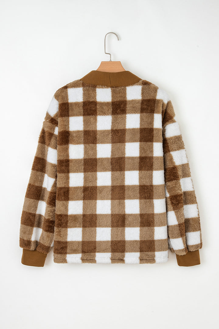 Brown Checkered Sherpa Loose Knit Cardigan with Pockets