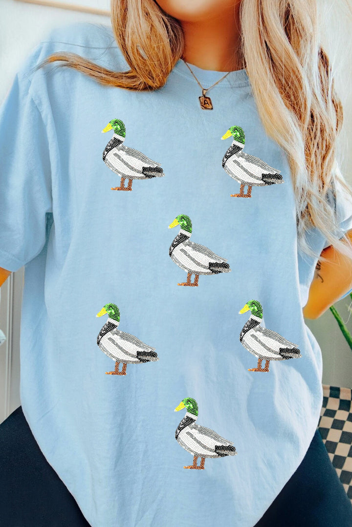 Light Blue Mallard Duck Graphic Sequins Patch Casual Tee
