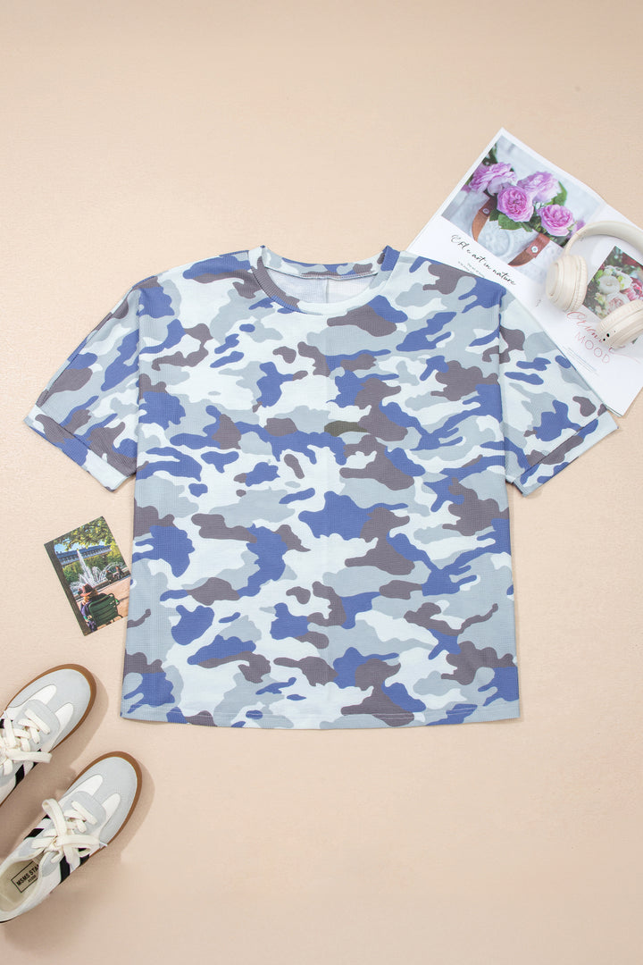 Gray Plus Size Camouflage Print Textured Casual Tee
