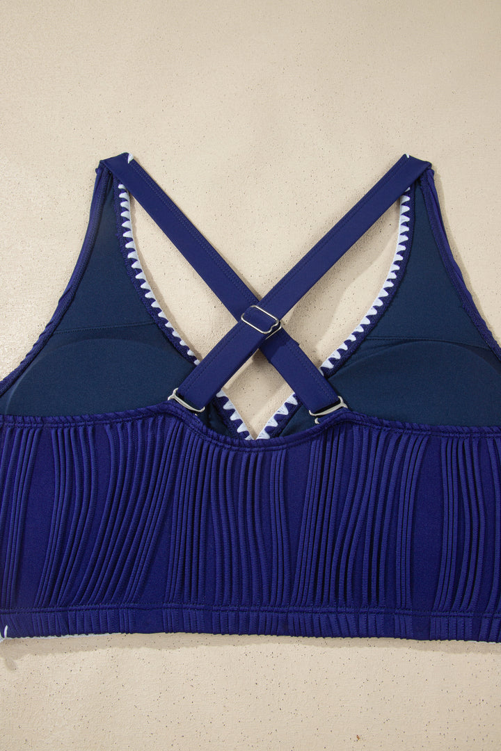 Stitched Trim V Neck Textured Mix and Match High Waist Bikinis