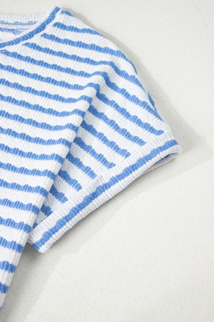 Stripe Knitted Short Sleeve Top and Drawstring Shorts Set