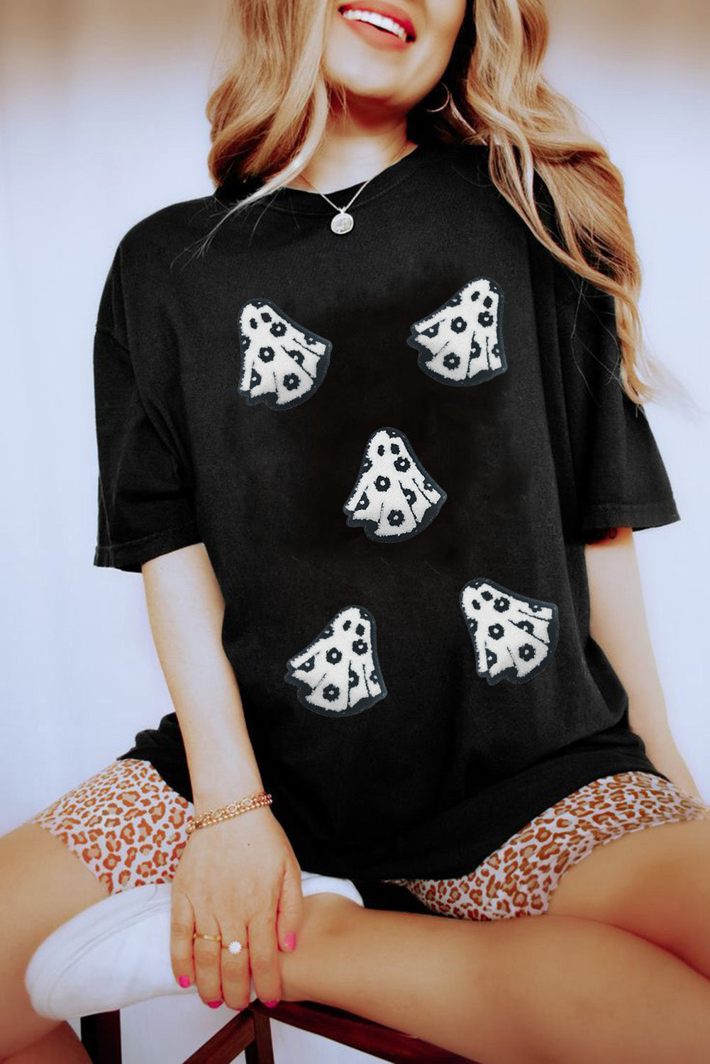 Halloween Playful Ghost Patched Cotton Blend T Shirt