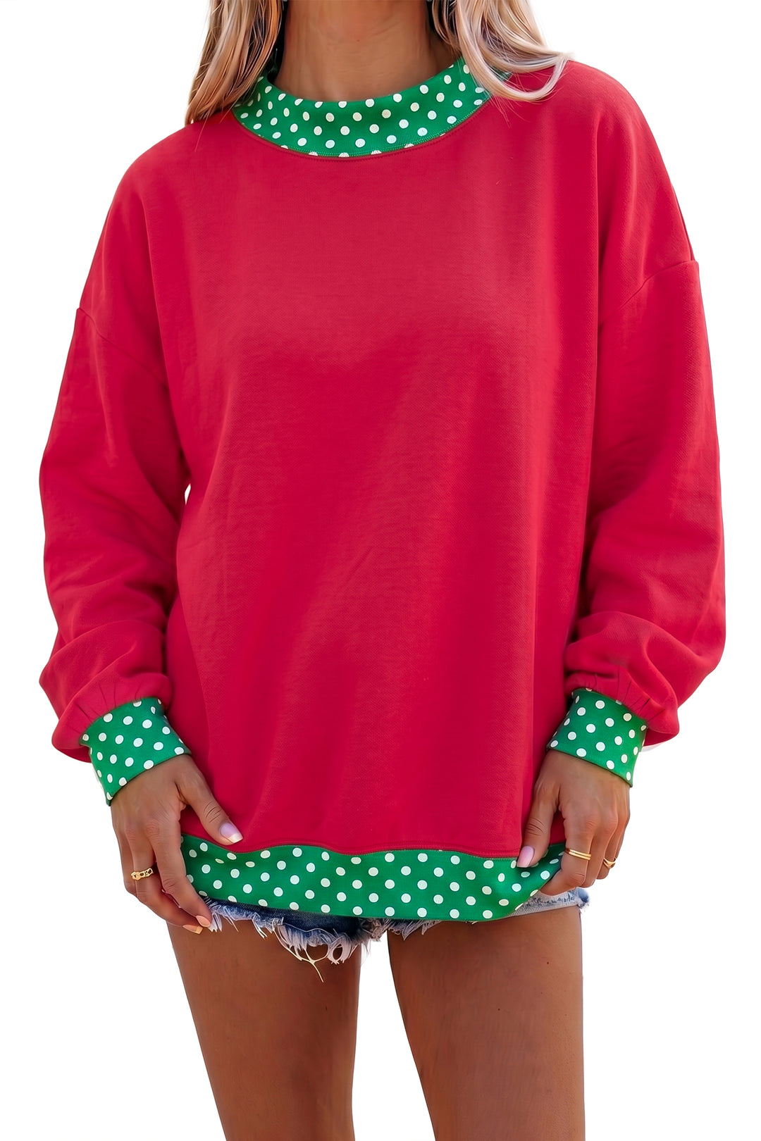 Colorblock Polka Dot Contrast Trim Oversized Sweatshirt