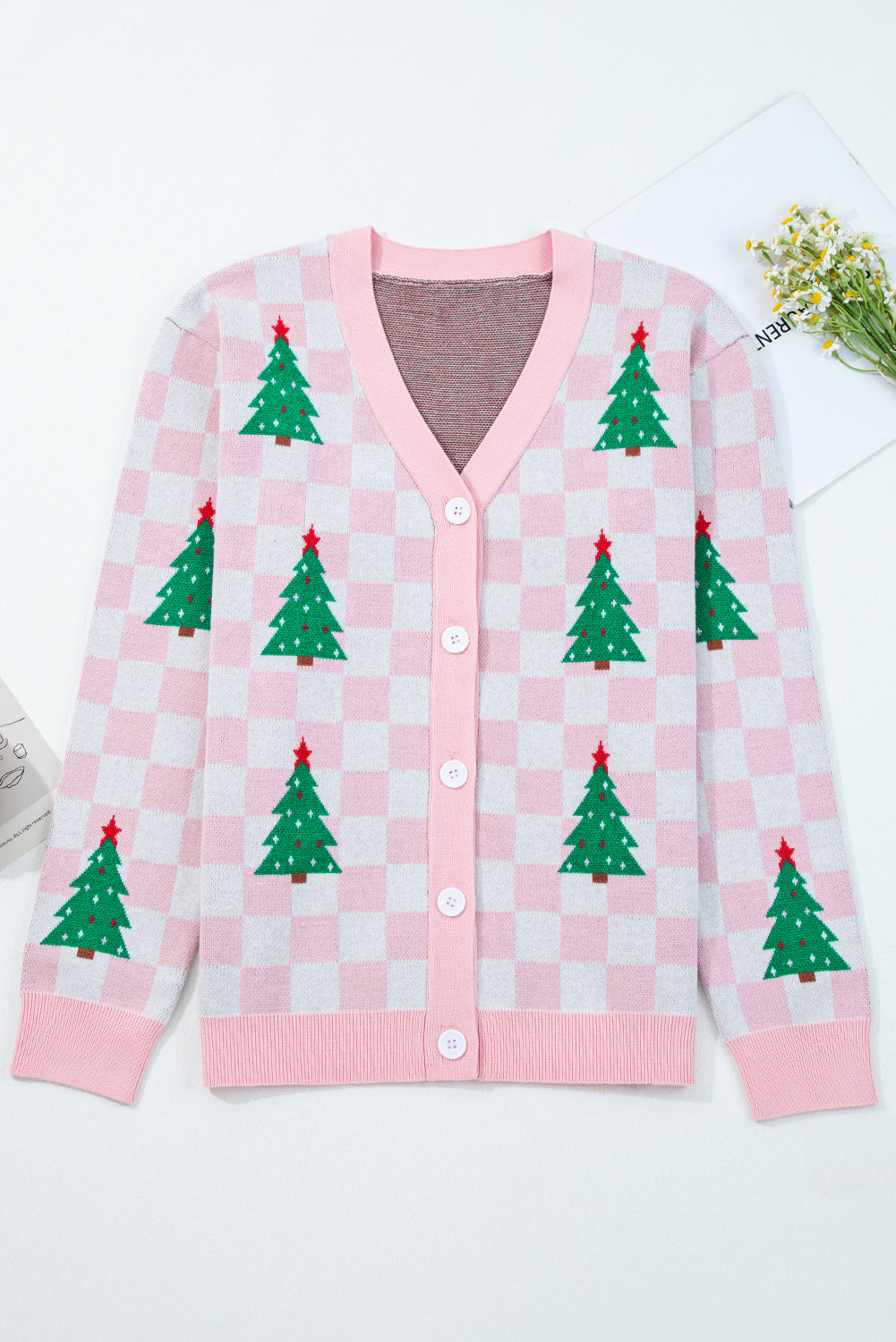 Checkered Christmas Tree Pattern Button V Neck Cardigan Sweater
