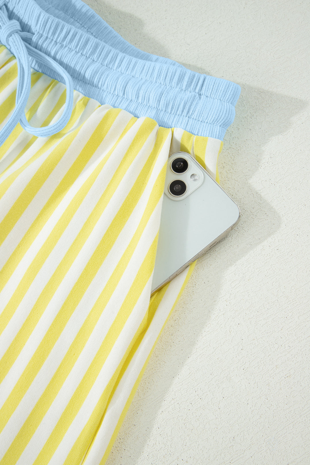 Stripe Colorblock Trim V Neck Tee Drawstring Elastic Waist Short Set