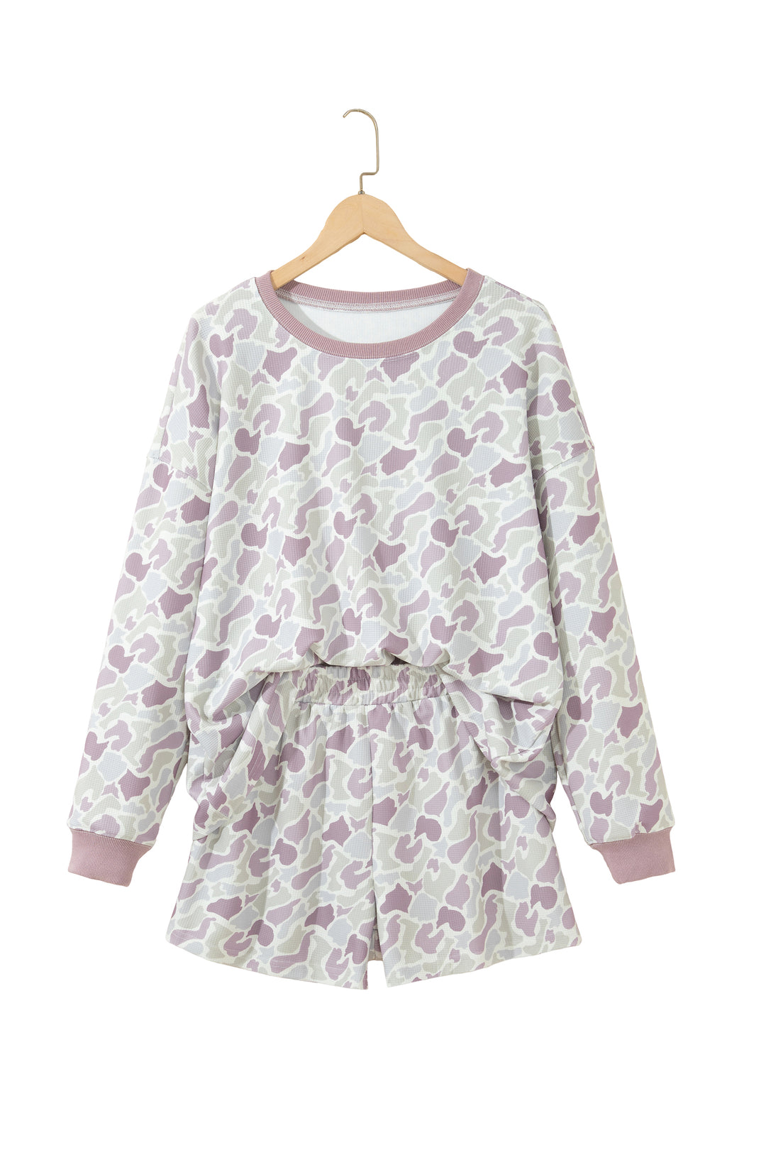 Green Camouflage Waffle Knit Long Sleeve Top Casual Shorts Set