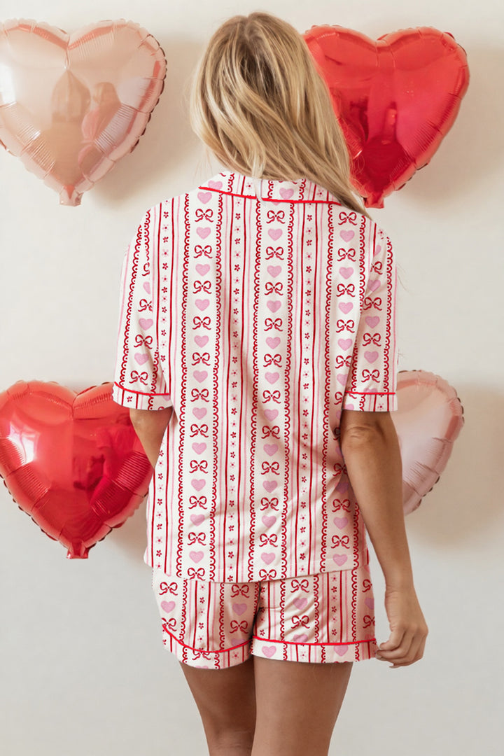 Red Cute Bow Heart Print Ribbon Decor Short 2pcs Pajama Set