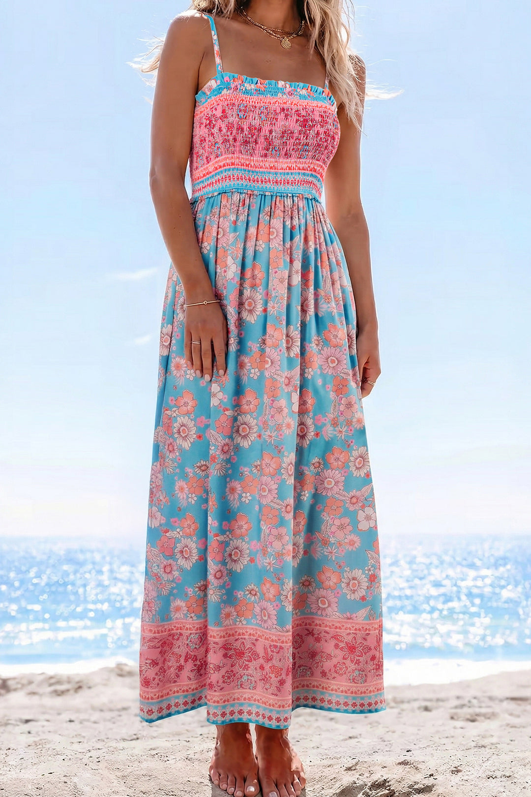 Sunny Angela Women's Bohemian Ethnic Print Smocked Spaghetti Strap A Line Maxi Dress Sky Blue / L Sunny Angela Women's Bohemian Ethnic Print Smocked Spaghetti Strap A Line Maxi Dress Sky Blue / L