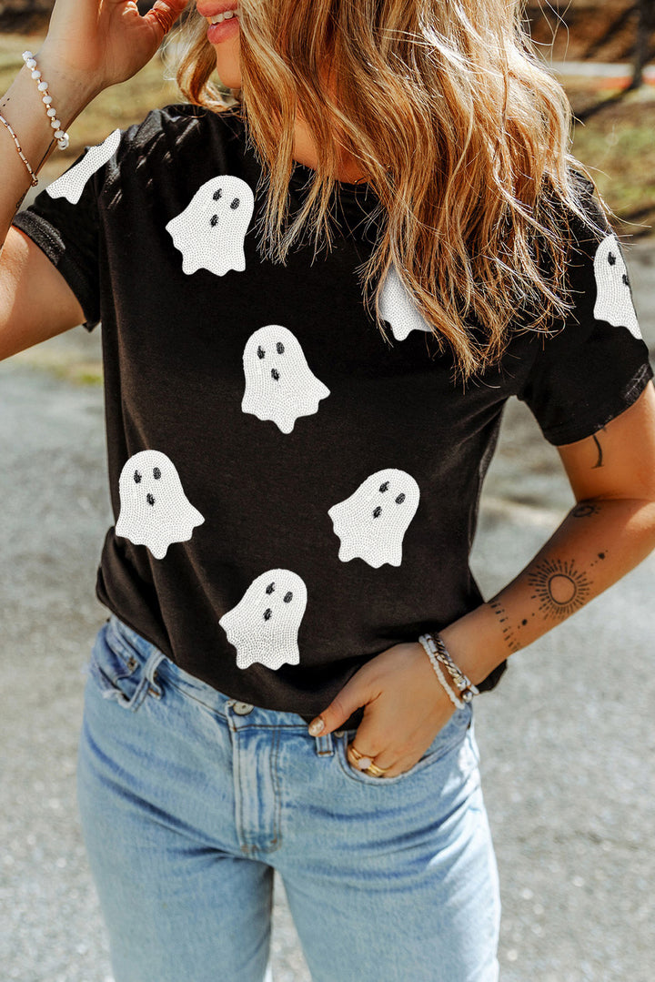 Sequin Halloween Ghost Patched Casual T Shirt
