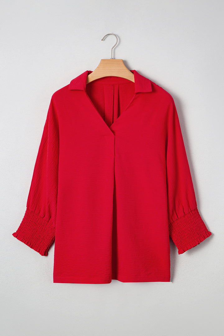 Fiery Red V Neck Collared Shirred 3/4 Sleeve Oversized Tunic Top