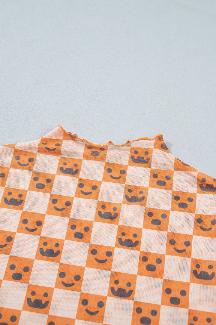 Orange Abstract Halloween Pattern Long Sleeve Stand Neck Shift Blouse
