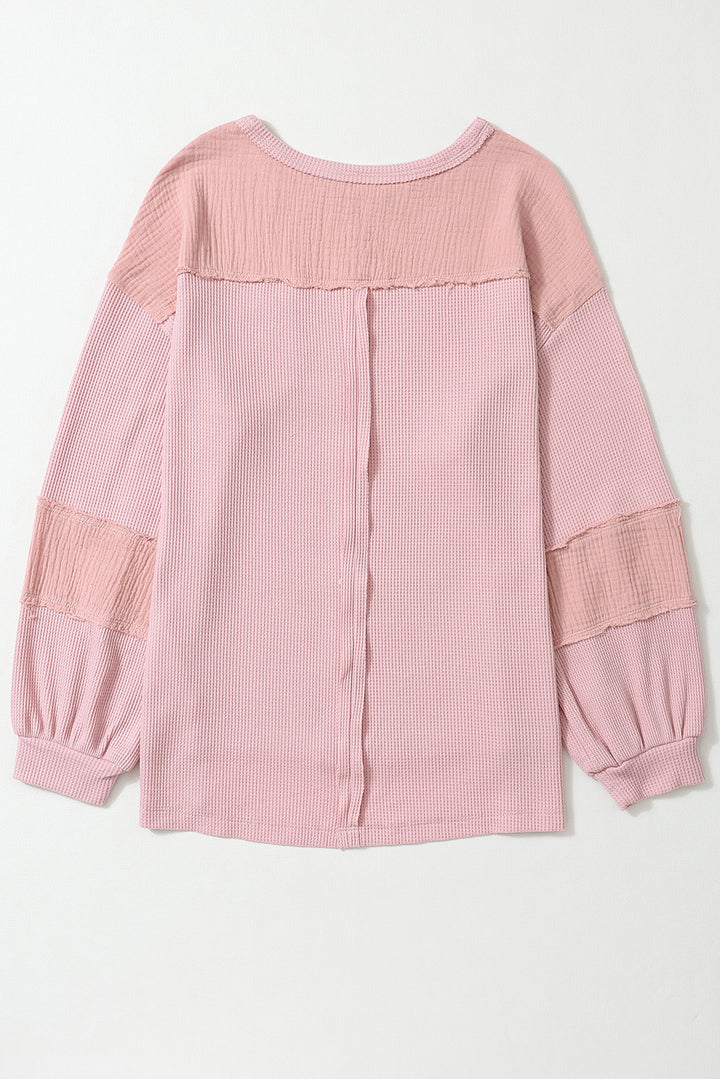 Pink Waffle and Crinkle Patchwork Long Sleeve Top