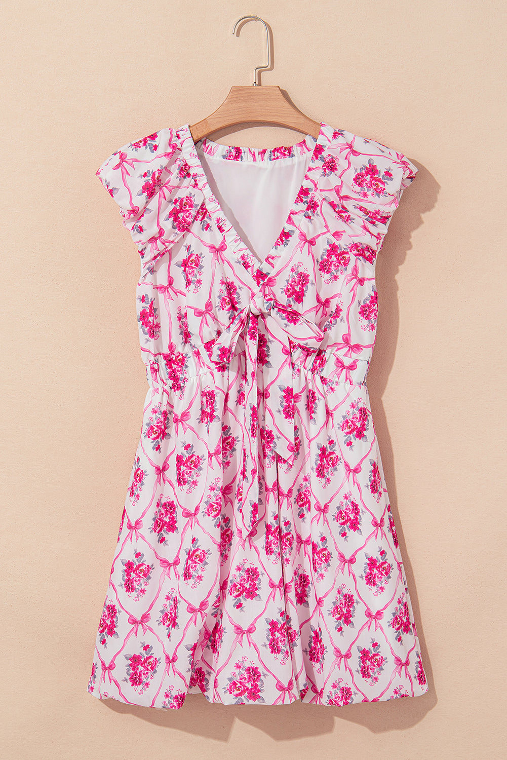 Multicolour Bow Lattice Floral Print V Neck Knot Decor Mini Dress