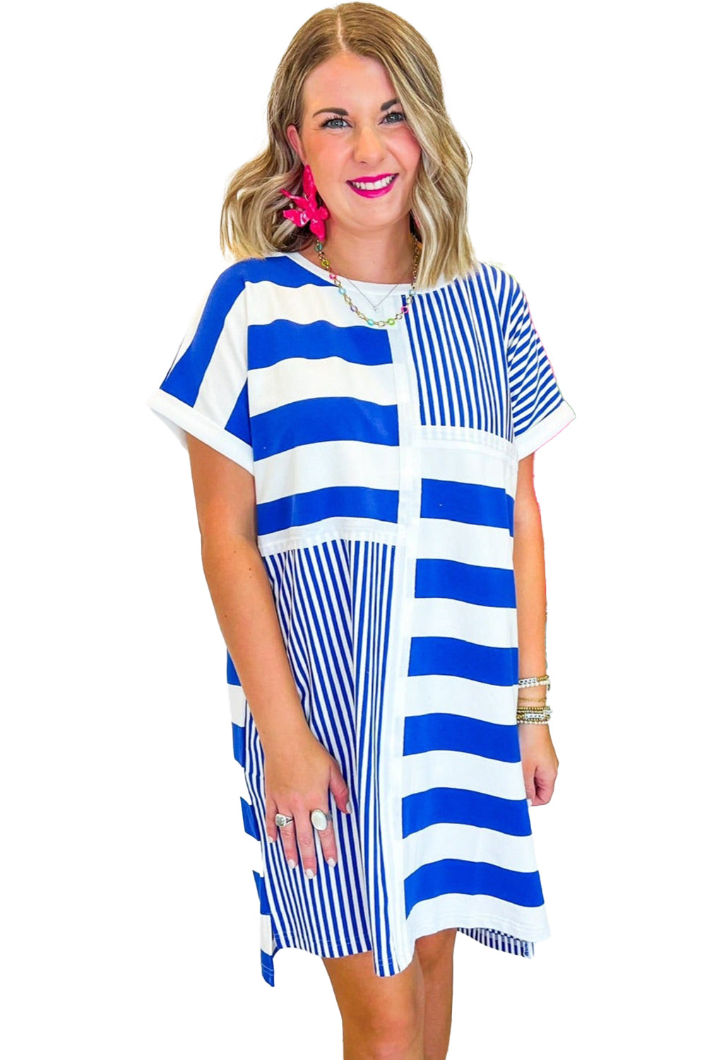Stripe Mixed Printed Short Sleeve Shift Mini T Shirt Dress