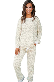 White Leopard Print Pullover and Drawstring Pants Loungewear Set -