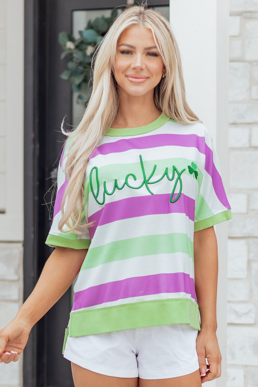 Green Stripe Lucky Clover Embroidered Graphic Dolman Loose Tee