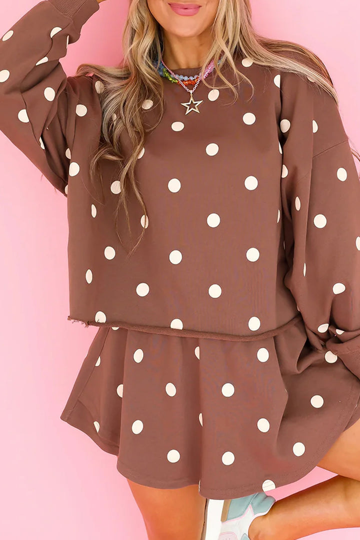 Brown Polka Dot Raw Hem Relaxed Pullover Loose Skort Two Piece Set