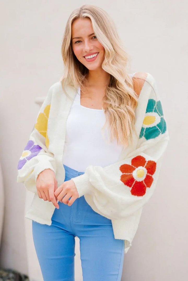 White Flower Jacquared Bubble Sleeve Open Cardigan - White / L / 50%Viscose+28%Polyester+22%Polyamide