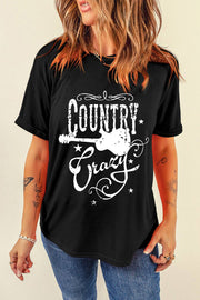 Black Country Music Crazy Graphic Crew Neck T Shirt -