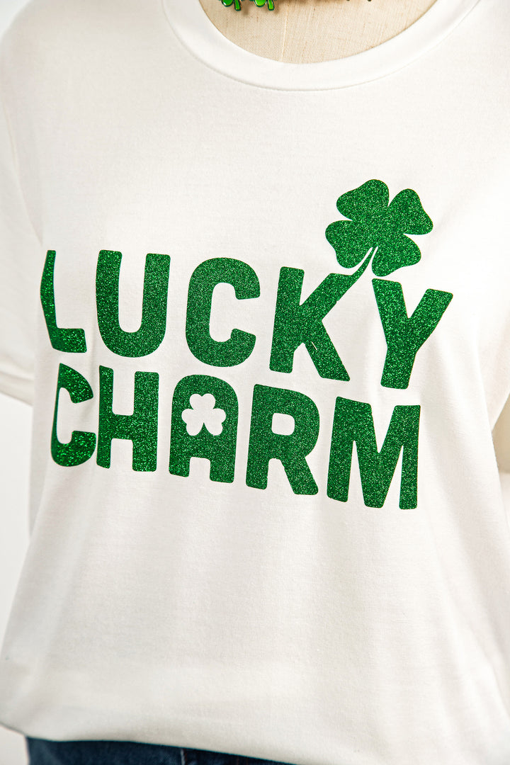 White LUCKY CHARM Shimmery Print St Patricks Day Clover T Shirt