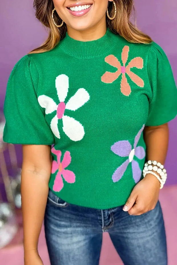 Bright Green Floral Bubble Short Sleeve Sweater - Bright Green / L / 50%Viscose+28%Polyester+22%Polyamide