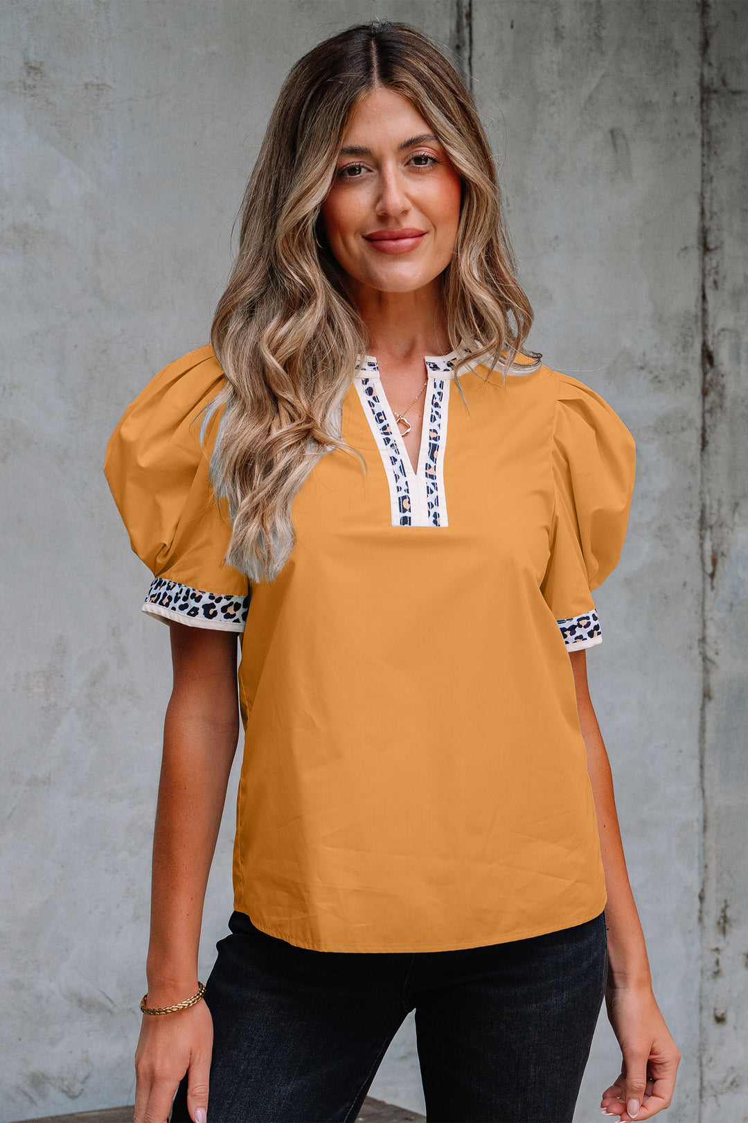 Leopard Trim Split Neck Puff Sleeve Blouse