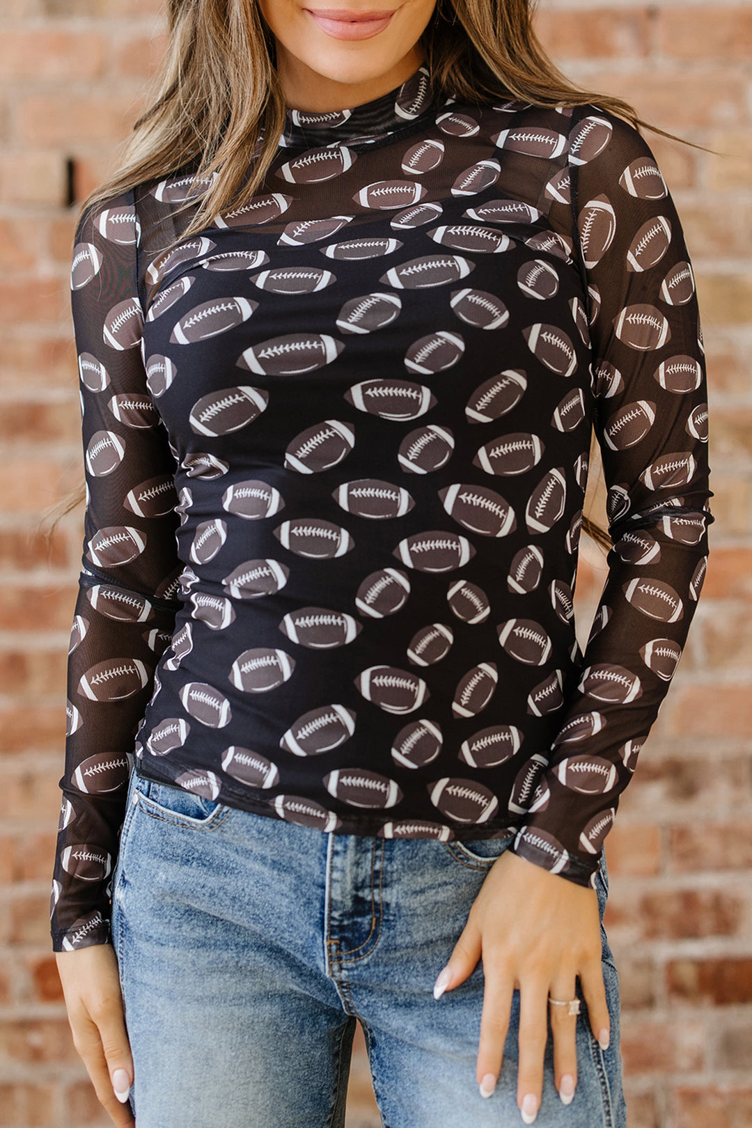Black Game Day football Mesh Sheer Long Sleeve Top