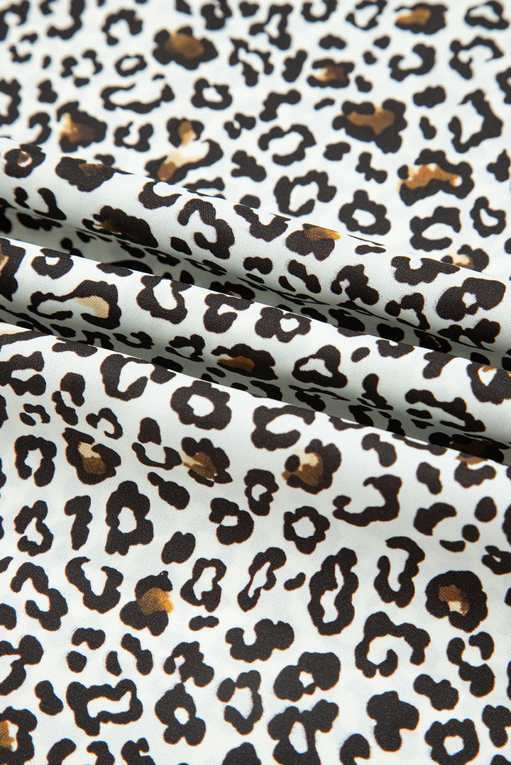 Khaki Plus Size Button V Neck Leopard Print Puff Sleeve Loose Mini Dress