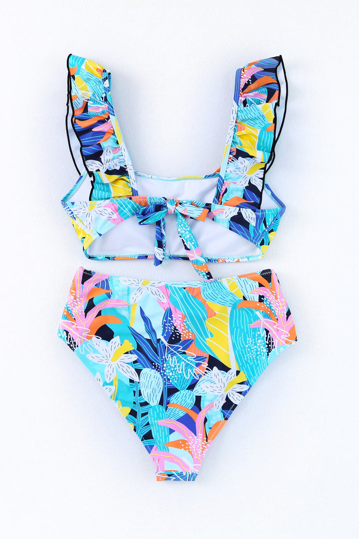 Green Tropical Print Ruffled Front Knot Two Piece Swimwear