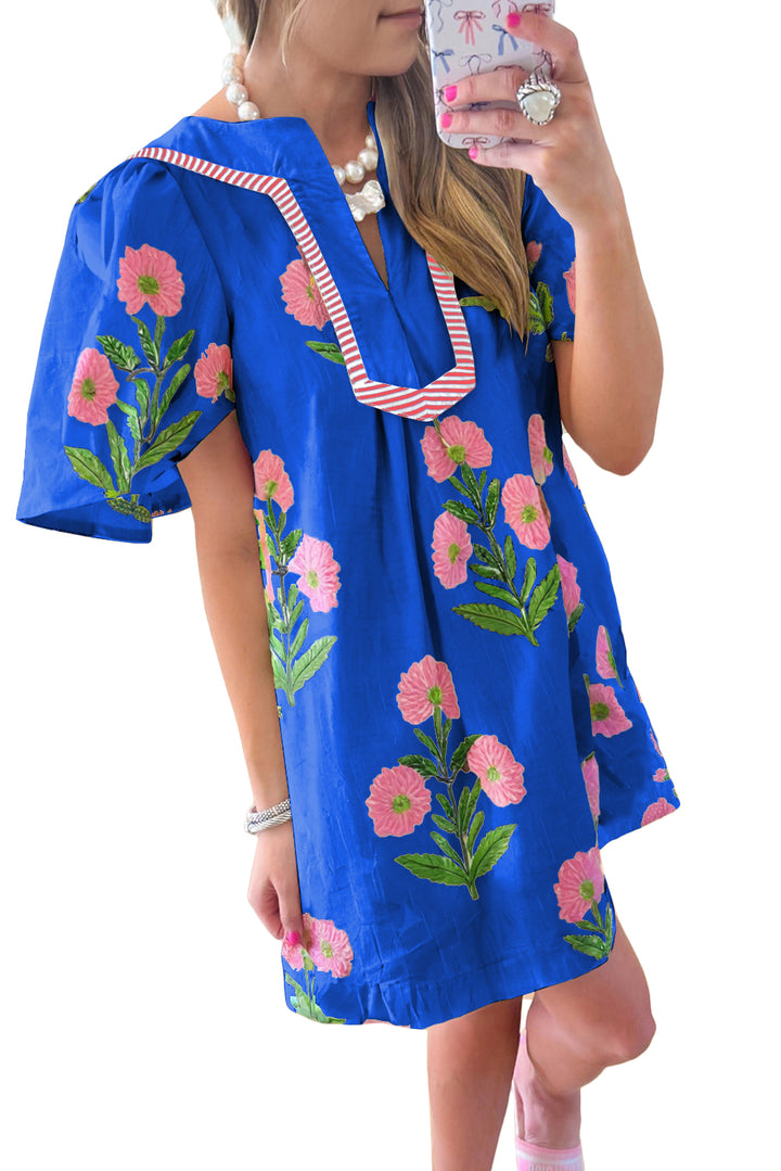 Floral Short Sleeve Split Neck Loose Mini Dress