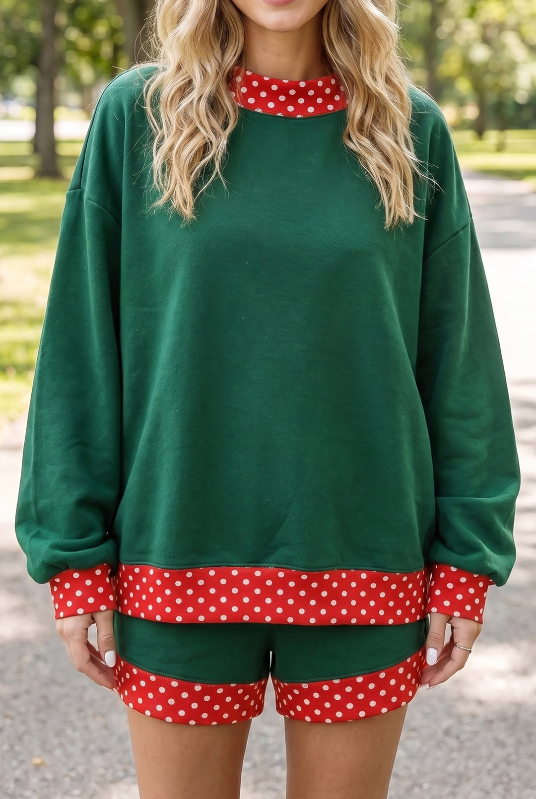 Polka Dot Trim Baggy Pullover 2pcs Short Set