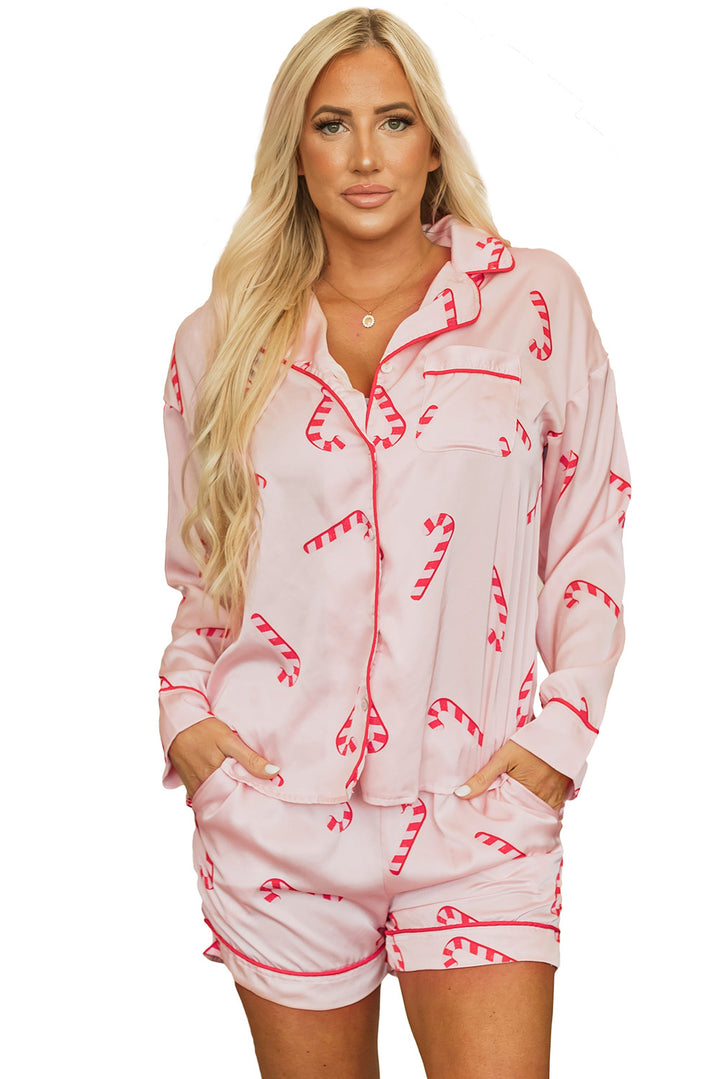 Pink Christmas Candy Cane Print Shirt and Shorts Pajama Set